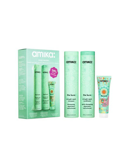 Mane Menders Strength Repair Wash + Care Set Includes:

(1) - The Kure Strength Repair Shampoo, 9.2 fl. oz.
(1) - The Kure Bond Repair Conditioner, 9.2 fl. oz.
(1) - The Kure Intense Strength Repair Mask, 2 fl. oz.