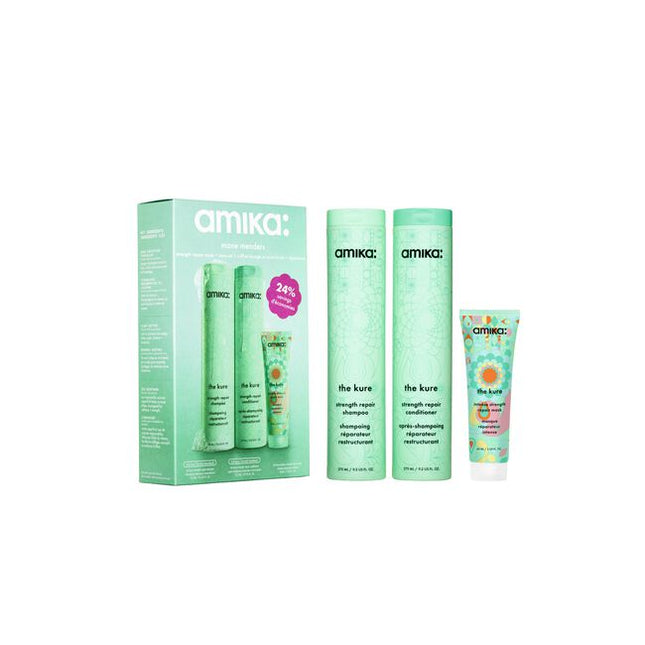 Mane Menders Strength Repair Wash + Care Set Includes:

(1) - The Kure Strength Repair Shampoo, 9.2 fl. oz.
(1) - The Kure Bond Repair Conditioner, 9.2 fl. oz.
(1) - The Kure Intense Strength Repair Mask, 2 fl. oz.