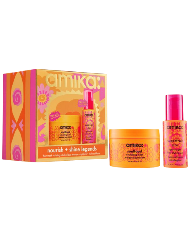 A curated set featuring a nourishing mask and lightweight hair oil for soft, shiny strands, wrapped in limited-edition art.