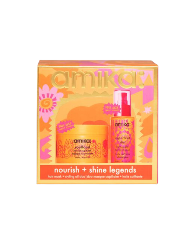 A curated set featuring a nourishing mask and lightweight hair oil for soft, shiny strands, wrapped in limited-edition art.