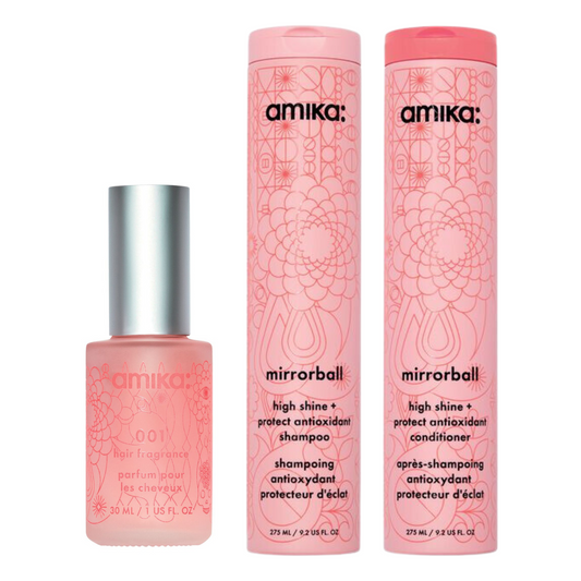 amika 001 Hair Fragrance with Mirrorball High Shine & Protect Antioxidant Shampoo & Conditioner Trio