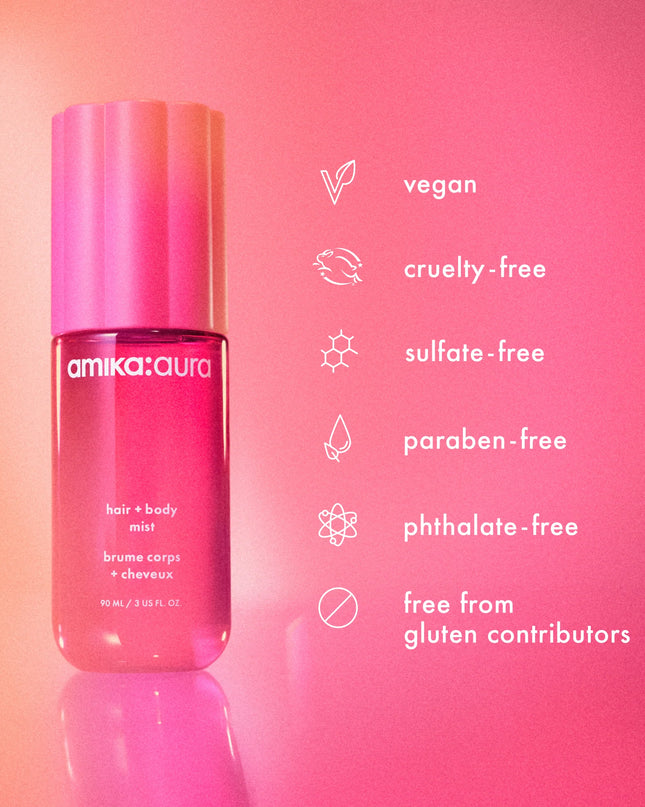 A set featuring our signature hand wash + amika:aura, a joy-sparking hair + body mist powered by floral + fruity notes of juicy apricot, pink grapefruit + velvety vanilla.