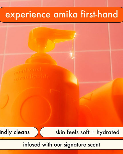 A set featuring our signature hand wash + amika:aura, a joy-sparking hair + body mist powered by floral + fruity notes of juicy apricot, pink grapefruit + velvety vanilla.