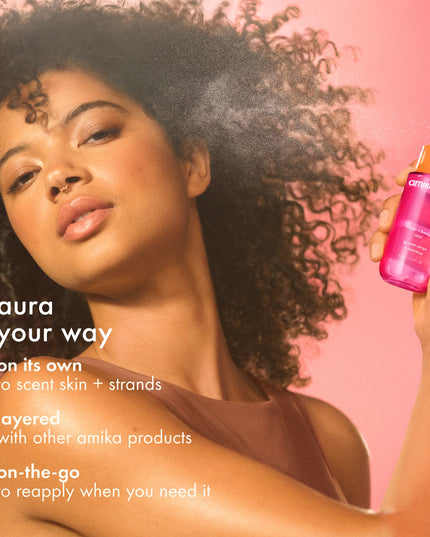 A set featuring our signature hand wash + amika:aura, a joy-sparking hair + body mist powered by floral + fruity notes of juicy apricot, pink grapefruit + velvety vanilla.