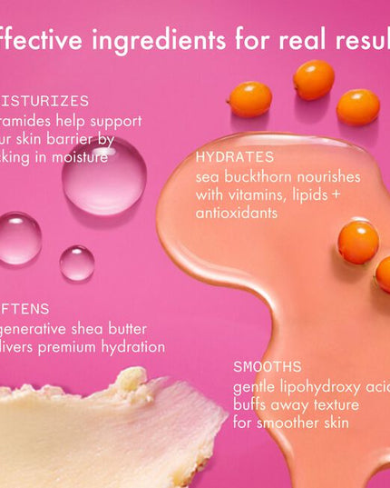 Hug skin in hydration with this nourishing body butter formulated with a luxurious, rich whipped texture and amika's iconic warm fruity floral scent. Skin barrier-supporting ceramides, replenishing shea butter, and gentle-yet-effective smoothing acids give dull, dry skin the TLC it deserves. Perfect for upgrading your client's everything shower, or treating yourself.