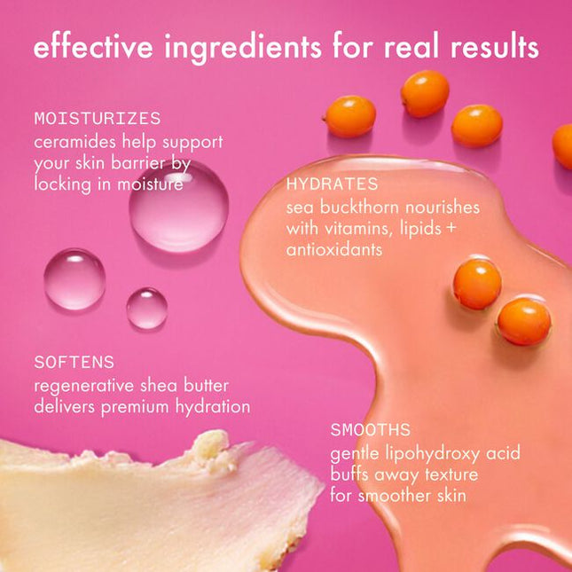 Hug skin in hydration with this nourishing body butter formulated with a luxurious, rich whipped texture and amika's iconic warm fruity floral scent. Skin barrier-supporting ceramides, replenishing shea butter, and gentle-yet-effective smoothing acids give dull, dry skin the TLC it deserves. Perfect for upgrading your client's everything shower, or treating yourself.