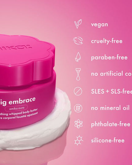 Hug skin in hydration with this nourishing body butter formulated with a luxurious, rich whipped texture and amika's iconic warm fruity floral scent. Skin barrier-supporting ceramides, replenishing shea butter, and gentle-yet-effective smoothing acids give dull, dry skin the TLC it deserves. Perfect for upgrading your client's everything shower, or treating yourself.