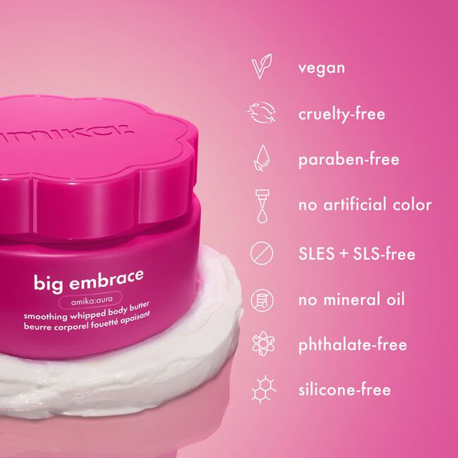 Hug skin in hydration with this nourishing body butter formulated with a luxurious, rich whipped texture and amika's iconic warm fruity floral scent. Skin barrier-supporting ceramides, replenishing shea butter, and gentle-yet-effective smoothing acids give dull, dry skin the TLC it deserves. Perfect for upgrading your client's everything shower, or treating yourself.