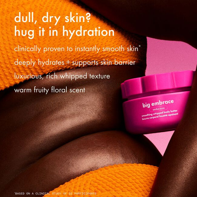 Hug skin in hydration with this nourishing body butter formulated with a luxurious, rich whipped texture and amika's iconic warm fruity floral scent. Skin barrier-supporting ceramides, replenishing shea butter, and gentle-yet-effective smoothing acids give dull, dry skin the TLC it deserves. Perfect for upgrading your client's everything shower, or treating yourself.