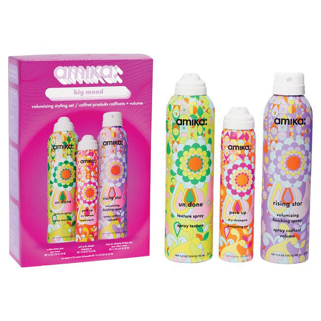 Big Mood Volumizing Styling Set Includes:

(1) - Un.Done Volume &amp; Matte Texture Spray, 5.3 oz.
(1) - Rising Star Volumizing Finishing Spray, 5.3 oz.
(1) - Perk Up Dry Shampoo, 1.8 oz.