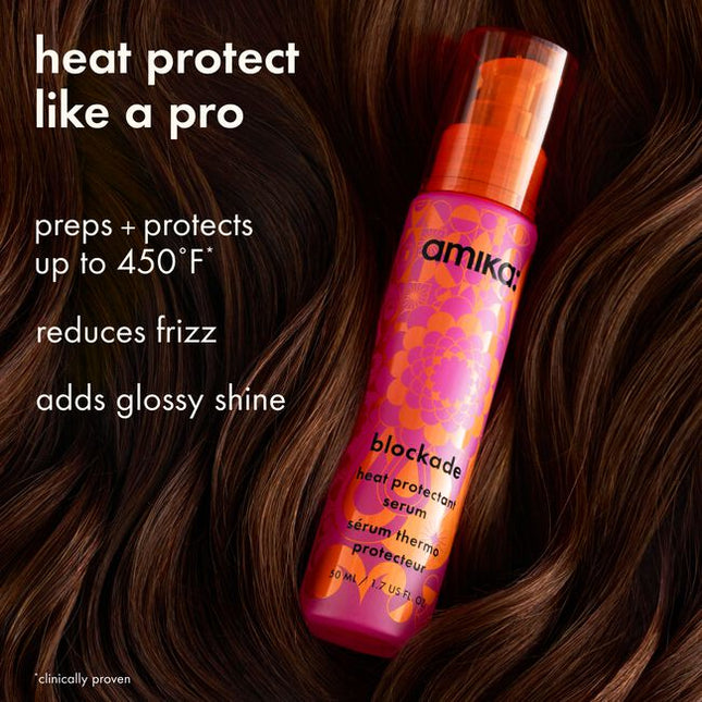 Meet the heat protectant stylists swear by. Blockade protects hair from heat up to 450°F,* smooths frizz + adds shine in one multitasking oil serum. Ideal for all hair types—especially medium to thick hair—reach for it before the blowout, ahead of hot tools, and again for glossy finishing touches.