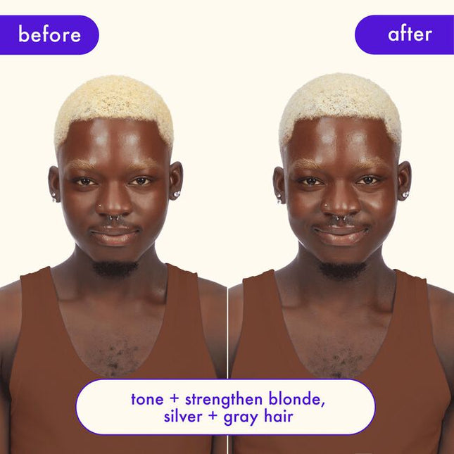 A blonde's best kept secret.

This ultra-violet shampoo tones brassy hues and is clinically proven to strengthen and hydrate damaged hair.