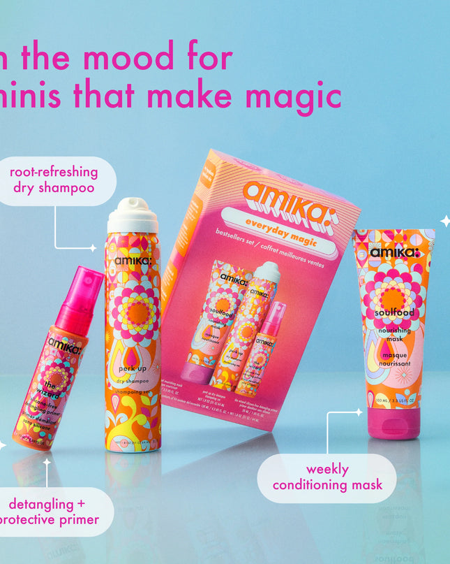 Everyday Magic Bestsellers Set Includes:

(1) - Soulfood Nourishing Mask, 3.3 fl. oz.
(1) - The Wizard Silicone-Free Primer, 1 fl. oz.
(1) - Perk Up Dry Shampoo, 1.8 oz.