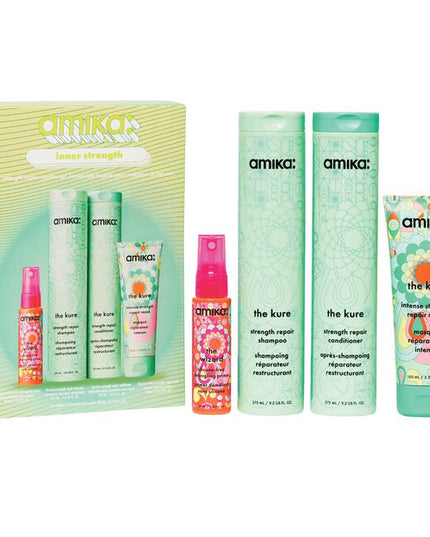 Inner Strength Repair Routine Set Includes:

(1) - The Kure Shampoo, 9.2 fl. oz.
(1) - The Kure Conditioner, 9.2 fl. oz.
(1) - The Kure Mask, 3.3 fl. oz.
(1) - The Wizard Silicone-Free Primer, 1 fl. oz.