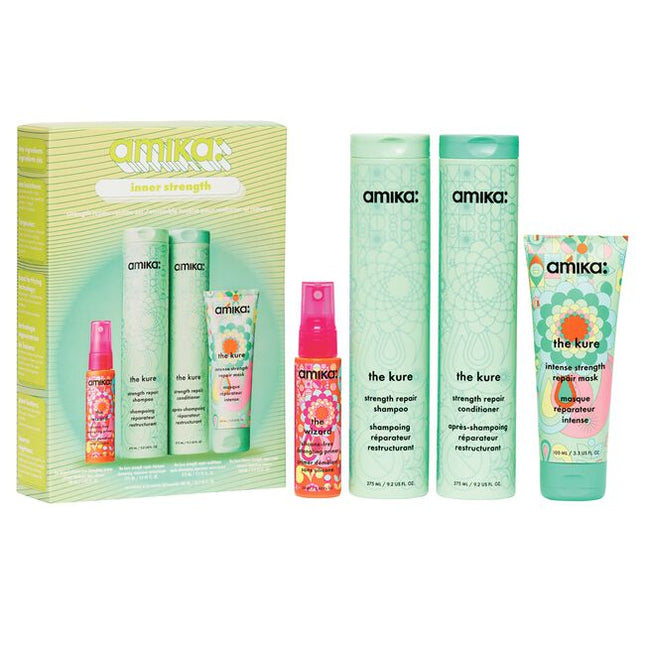 Inner Strength Repair Routine Set Includes:

(1) - The Kure Shampoo, 9.2 fl. oz.
(1) - The Kure Conditioner, 9.2 fl. oz.
(1) - The Kure Mask, 3.3 fl. oz.
(1) - The Wizard Silicone-Free Primer, 1 fl. oz.