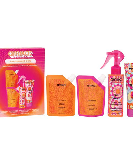 Nourishment-ality Nourishing Routine Set Includes:

(1) - Normacore Shampoo, 2 fl. oz.
(1) - Normacore Conditioner, 2 fl. oz.
(1) - Soulfood Nourishing Mask, 3.3 fl. oz.
(1) - The Wizard Silicone-Free Primer, 5 fl. oz.