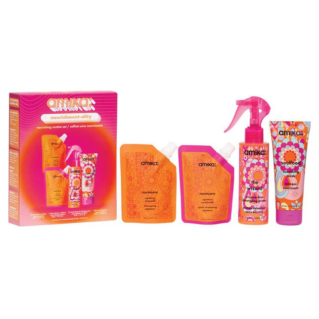 Nourishment-ality Nourishing Routine Set Includes:

(1) - Normacore Shampoo, 2 fl. oz.
(1) - Normacore Conditioner, 2 fl. oz.
(1) - Soulfood Nourishing Mask, 3.3 fl. oz.
(1) - The Wizard Silicone-Free Primer, 5 fl. oz.