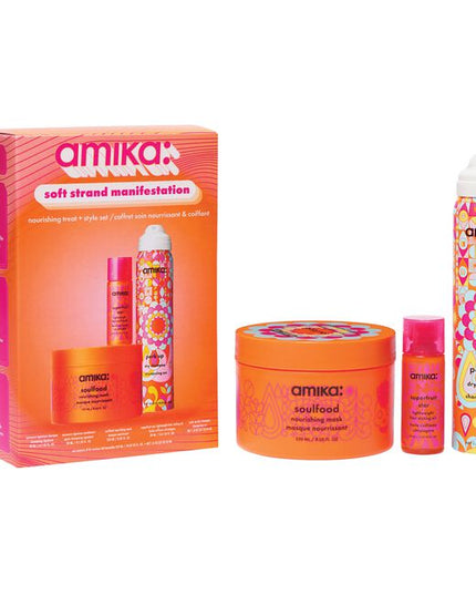 Manifest your most nourished mane with Soft Strand Manifestation, an exclusive set featuring a full- size Soulfood Nourishing Mask, a travel-size Perk Up Dry Shampoo and Superfruit Star Lightweight Styling Oil, plus sample sizes of Normcore shampoo and conditioner.