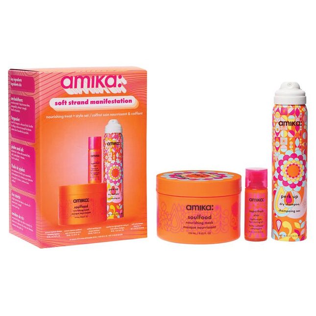 Manifest your most nourished mane with Soft Strand Manifestation, an exclusive set featuring a full- size Soulfood Nourishing Mask, a travel-size Perk Up Dry Shampoo and Superfruit Star Lightweight Styling Oil, plus sample sizes of Normcore shampoo and conditioner.