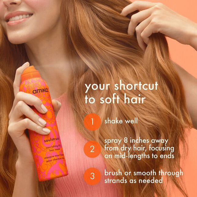 Soulstruck Nourishing Dry Hair Mask is your shortcut to soft, moisturized hair in seconds. This mess-free, leave-in spray mask softens and reinforces hair fibers with strengthening vegan silk protein and sea buckthorn—delivering results that are as soft as they are strong. Its weightless, aerosol formula gives hair a stroke of nourishment, softness, and strength without a wash and without any buildup.