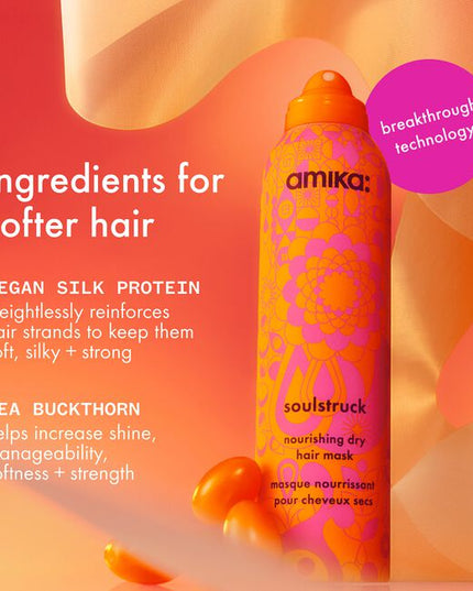 Soulstruck Nourishing Dry Hair Mask is your shortcut to soft, moisturized hair in seconds. This mess-free, leave-in spray mask softens and reinforces hair fibers with strengthening vegan silk protein and sea buckthorn—delivering results that are as soft as they are strong. Its weightless, aerosol formula gives hair a stroke of nourishment, softness, and strength without a wash and without any buildup.