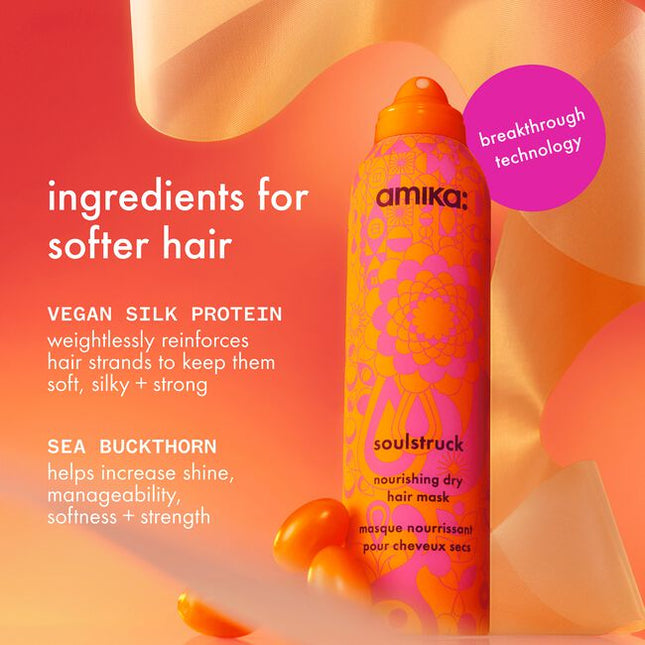 Soulstruck Nourishing Dry Hair Mask is your shortcut to soft, moisturized hair in seconds. This mess-free, leave-in spray mask softens and reinforces hair fibers with strengthening vegan silk protein and sea buckthorn—delivering results that are as soft as they are strong. Its weightless, aerosol formula gives hair a stroke of nourishment, softness, and strength without a wash and without any buildup.