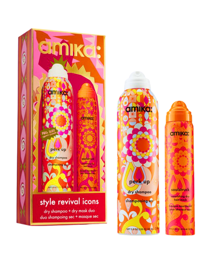 Refresh roots and soften strands all season with amika's Style Revival Icons, a curated styling set wrapped in limited-edition art: Perk Up Dry Shampoo and Soulstruck Nourishing Dry Hair Mask.