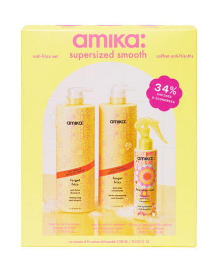 A set featuring jumbo sized of Forget Frizz Shampoo and Conditioner, plus Frizz-Me-Not Hydrating Anti-Frizz Treatment, frizz-fighting favorite that smooth hair for 3 days.*