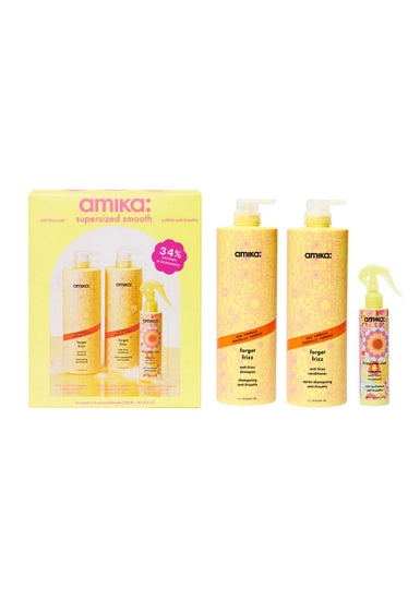 A set featuring jumbo sized of Forget Frizz Shampoo and Conditioner, plus Frizz-Me-Not Hydrating Anti-Frizz Treatment, frizz-fighting favorite that smooth hair for 3 days.*
