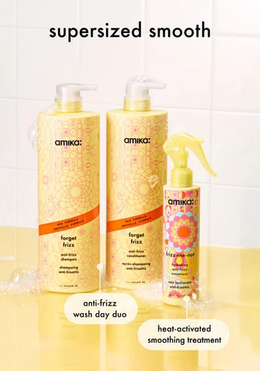 A set featuring jumbo sized of Forget Frizz Shampoo and Conditioner, plus Frizz-Me-Not Hydrating Anti-Frizz Treatment, frizz-fighting favorite that smooth hair for 3 days.*
