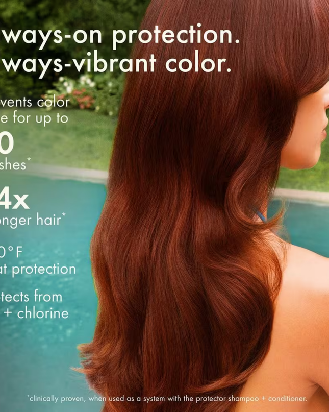 This clinically proven treatment prevents color fade for up to 40 washes and delivers 5.2x stronger hair with 81% less breakage.* Lightweight leave-in formula features 450°F heat protection, so your client’s color stays protected against UV exposure, pool days, and common color faders. Plus, it leaves hair moisturized and shiny so their color looks even more vibrant. Give your clients always-on protection for always-vibrant color—long after they've left the salon.
