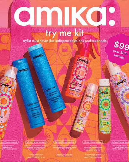 Try Me Kit Includes:

(1) - Hydro Rush Intense Moisture Shampoo - 9.2 fl. oz.
(1) - Hydro Rush Intense Moisture Conditioner - 9.2 fl. oz.
(1) - Un.Done Volume &amp; Matte Texture Spray - 2.5 oz.
(1) - Perk Up Dry Shampoo - 5.3 oz.
(1) - Fluxus Touchable Hairspray - 2.5 oz.
(1) - Plus Size Perfect Body Mousse - 8.5 oz.
(1) - The Wizard Detangling Primer - 5.10 fl. oz.
(1) - Tote Bag