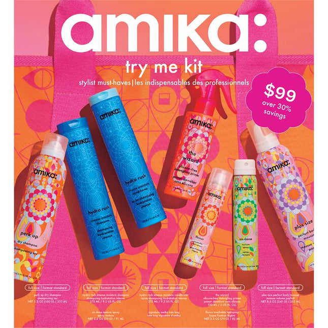 Try Me Kit Includes:

(1) - Hydro Rush Intense Moisture Shampoo - 9.2 fl. oz.
(1) - Hydro Rush Intense Moisture Conditioner - 9.2 fl. oz.
(1) - Un.Done Volume &amp; Matte Texture Spray - 2.5 oz.
(1) - Perk Up Dry Shampoo - 5.3 oz.
(1) - Fluxus Touchable Hairspray - 2.5 oz.
(1) - Plus Size Perfect Body Mousse - 8.5 oz.
(1) - The Wizard Detangling Primer - 5.10 fl. oz.
(1) - Tote Bag