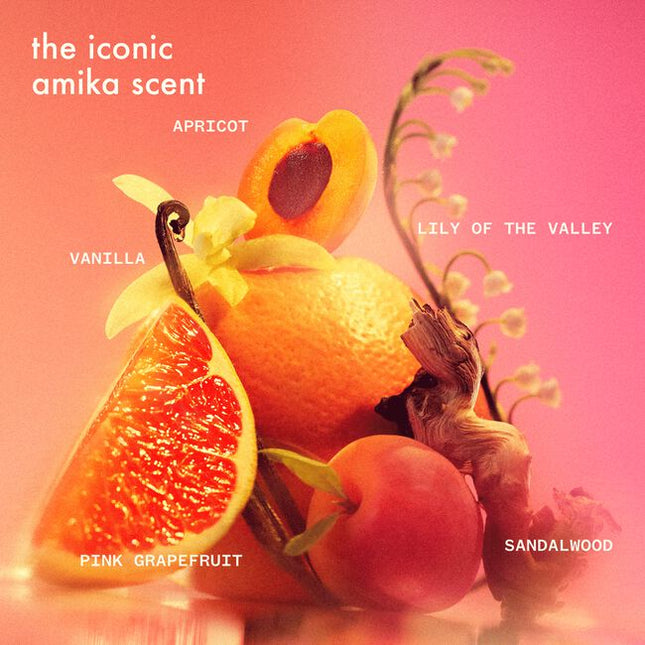 Designed to uplift and instantly transport you to a brighter place, Amika:Aura opens with effervescent pink grapefruit—bursting with a brightness you've felt before. Juicy apricot, ripe and radiant, awakens the senses, while Lily of the Valley floats in and lifts. As it settles, velvety vanilla hugs your skin, while smooth sandalwood grounds you in woody richness.