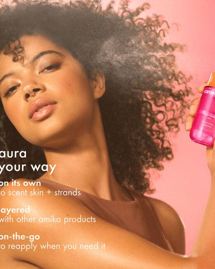 Designed to uplift and instantly transport you to a brighter place, Amika:Aura opens with effervescent pink grapefruit—bursting with a brightness you've felt before. Juicy apricot, ripe and radiant, awakens the senses, while Lily of the Valley floats in and lifts. As it settles, velvety vanilla hugs your skin, while smooth sandalwood grounds you in woody richness.