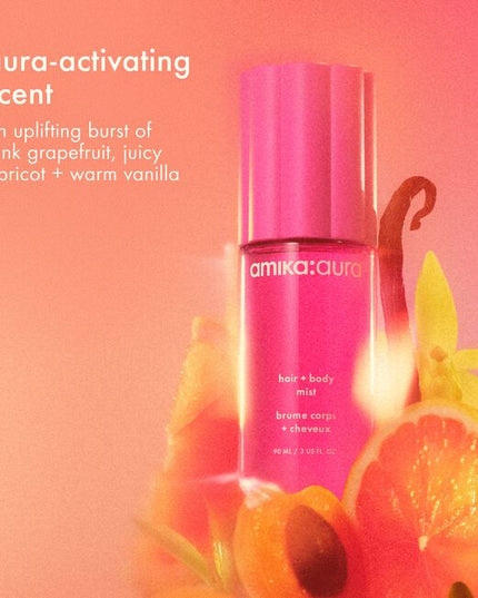 Designed to uplift and instantly transport you to a brighter place, Amika:Aura opens with effervescent pink grapefruit—bursting with a brightness you've felt before. Juicy apricot, ripe and radiant, awakens the senses, while Lily of the Valley floats in and lifts. As it settles, velvety vanilla hugs your skin, while smooth sandalwood grounds you in woody richness.