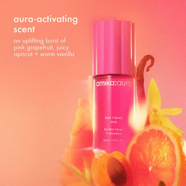 Designed to uplift and instantly transport you to a brighter place, Amika:Aura opens with effervescent pink grapefruit—bursting with a brightness you've felt before. Juicy apricot, ripe and radiant, awakens the senses, while Lily of the Valley floats in and lifts. As it settles, velvety vanilla hugs your skin, while smooth sandalwood grounds you in woody richness.