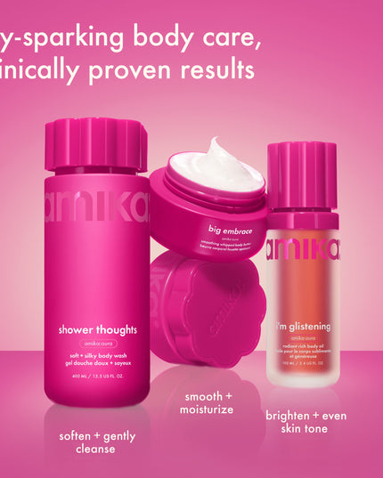 A silky, clinically proven body wash with hydrating glycerin + gentle fruit AHAs that cleanses + softens skin without leaving it stripped.