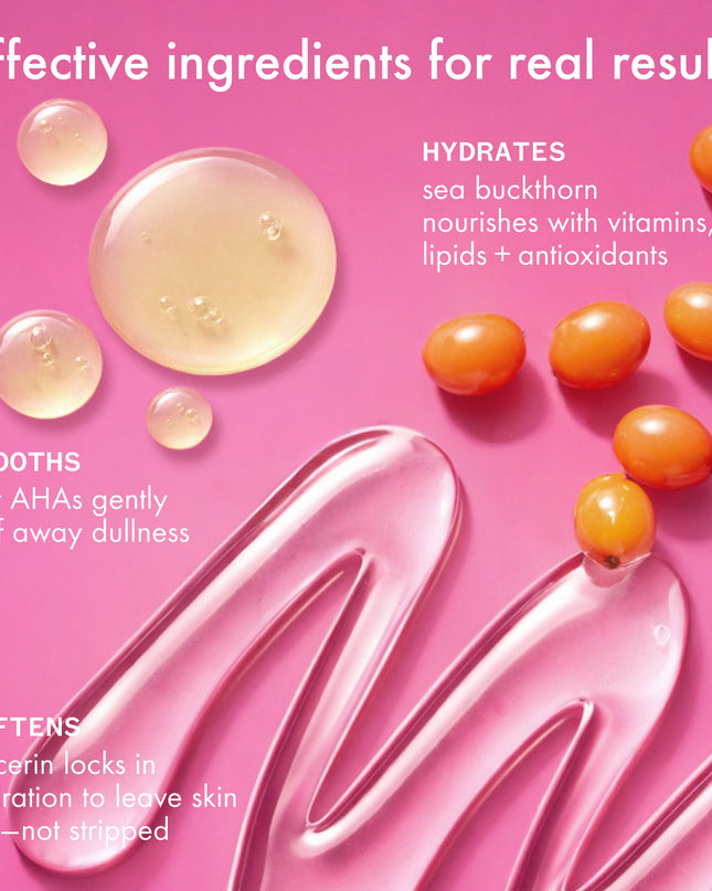 A silky, clinically proven body wash with hydrating glycerin + gentle fruit AHAs that cleanses + softens skin without leaving it stripped.