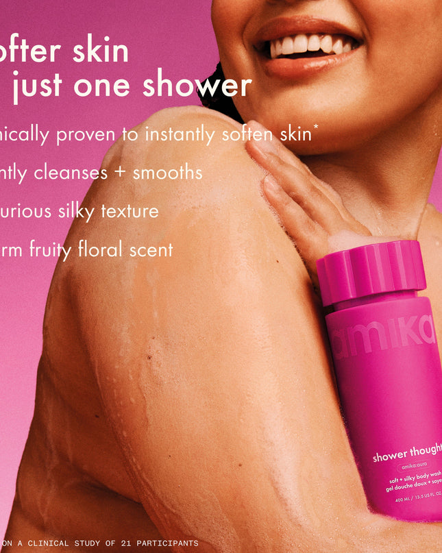 A silky, clinically proven body wash with hydrating glycerin + gentle fruit AHAs that cleanses + softens skin without leaving it stripped.