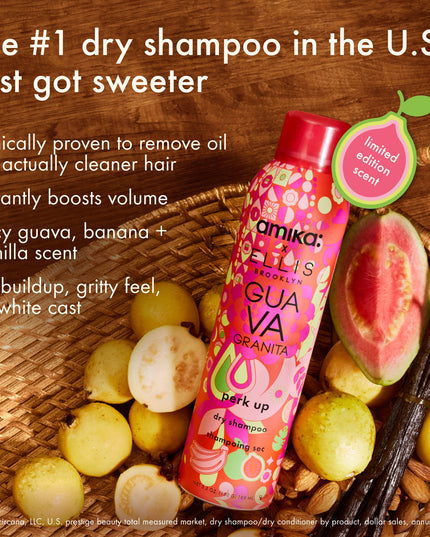 amika x Ellis Brooklyn is back + juicier than ever with this limited-edition twist on the #1 dry shampoo in the US*—made with the same clinically proven oil-removing formula you know + love, now in Ellis Brooklyn's sweet juicy GUAVA GRANITA scent.
