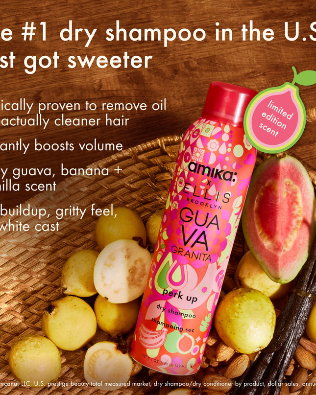 amika x Ellis Brooklyn is back + juicier than ever with this limited-edition twist on the #1 dry shampoo in the US*—made with the same clinically proven oil-removing formula you know + love, now in Ellis Brooklyn's sweet juicy GUAVA GRANITA scent.