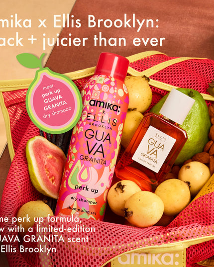 amika x Ellis Brooklyn is back + juicier than ever with this limited-edition twist on the #1 dry shampoo in the US*—made with the same clinically proven oil-removing formula you know + love, now in Ellis Brooklyn's sweet juicy GUAVA GRANITA scent.