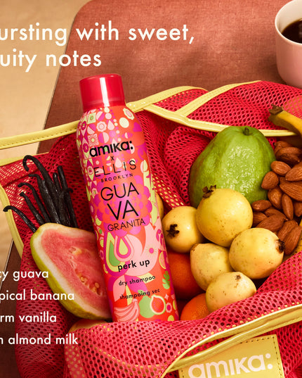amika x Ellis Brooklyn is back + juicier than ever with this limited-edition twist on the #1 dry shampoo in the US*—made with the same clinically proven oil-removing formula you know + love, now in Ellis Brooklyn's sweet juicy GUAVA GRANITA scent.
