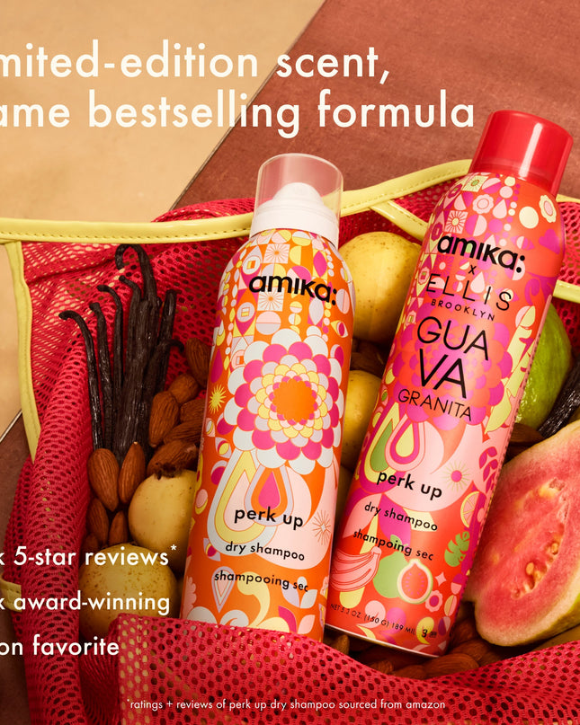amika x Ellis Brooklyn is back + juicier than ever with this limited-edition twist on the #1 dry shampoo in the US*—made with the same clinically proven oil-removing formula you know + love, now in Ellis Brooklyn's sweet juicy GUAVA GRANITA scent.