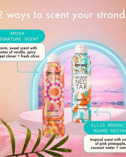 Perk up dry shampoo meets MIAMI NECTAR by Ellis Brooklyn, a limited-edition collaboration that combines the #1 bestselling dry shampoo at salons in the U.S.* with a tropical scent.