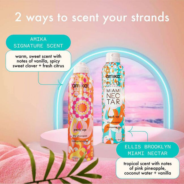 Perk up dry shampoo meets MIAMI NECTAR by Ellis Brooklyn, a limited-edition collaboration that combines the #1 bestselling dry shampoo at salons in the U.S.* with a tropical scent.