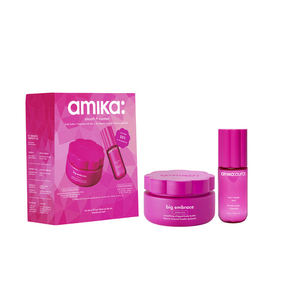A fragrant two-piece set that nourishes and smooths skin, featuring amika:aura big embrace smoothing whipped body butter and amika:aura hair + body mist.