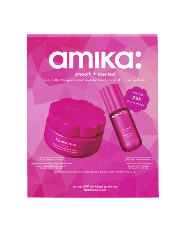 A fragrant two-piece set that nourishes and smooths skin, featuring amika:aura big embrace smoothing whipped body butter and amika:aura hair + body mist.