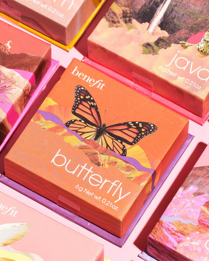 We all know that caterpillar to butterfly was the OG glow-up. Now Butterfly is here to give you an instant glow-up and straight-up glow of your own. This creamy, weightless golden-orange blush boasts a shimmery airbrushed effect that stays on without clogging your pores. And, It’s sweatproof, smudge-proof, humidity-proof. With freshwater pearl and synthetic sapphire in its silky-soft powder, it reflects light so you can glow wherever you go. Nothing left to do but spread your wings and fly.